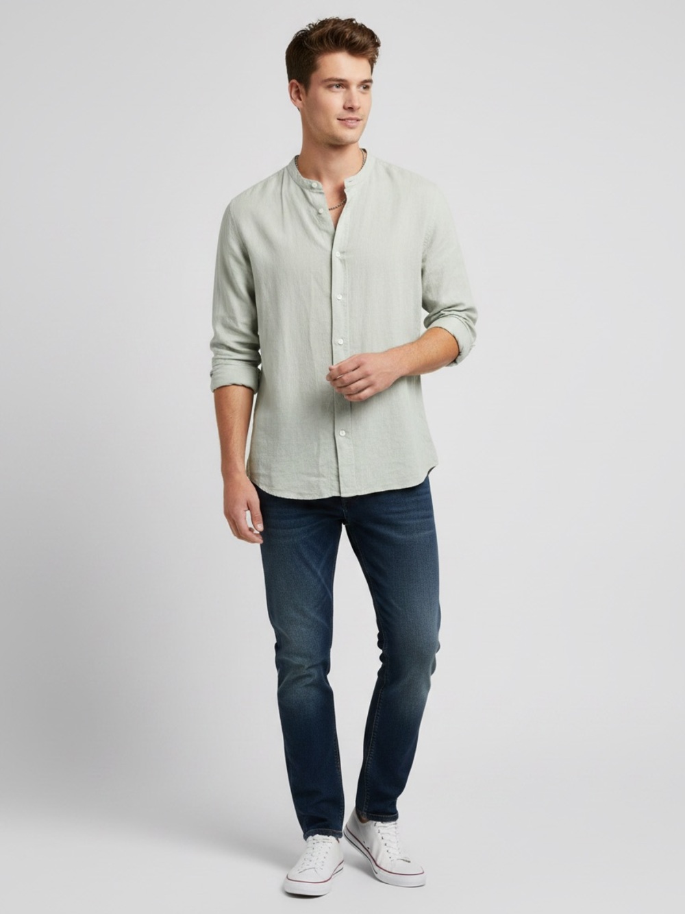 Zara Sage Green Mandarin Collar Button-Down Top XXL Cotton/Linen